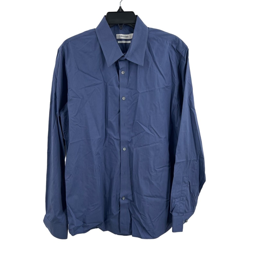 Calvin Klein Mens Blue Stripe Slim Fit Cotton Shirt‎ Size Large